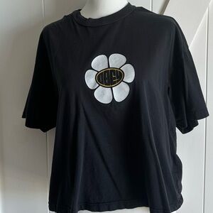 Black Obey Crop Top with White Flower Graphic